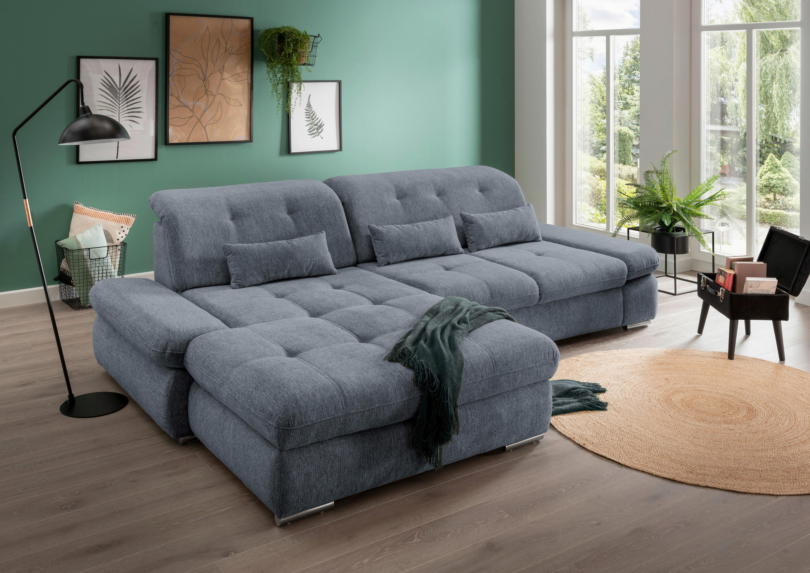ECKSOFA in Chenille Hellblau  - Chromfarben/Hellblau, Design, Textil/Metall (196/300cm) - Livetastic