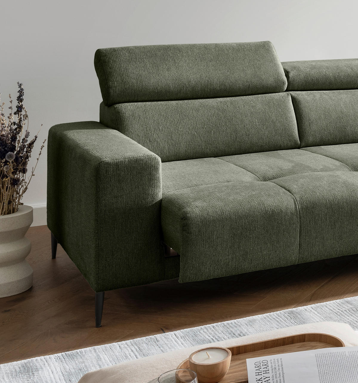 ECKSOFA Chenille Dunkelgrün  - Dunkelgrün/Schwarz, Konventionell, Textil/Metall (305/225cm) - Livetastic