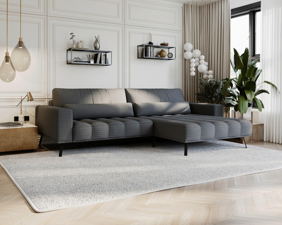 ECKSOFA in Cord Anthrazit  291/204 cm  - Anthrazit/Schwarz, Design, Textil/Metall (291/204cm) - Lomoco