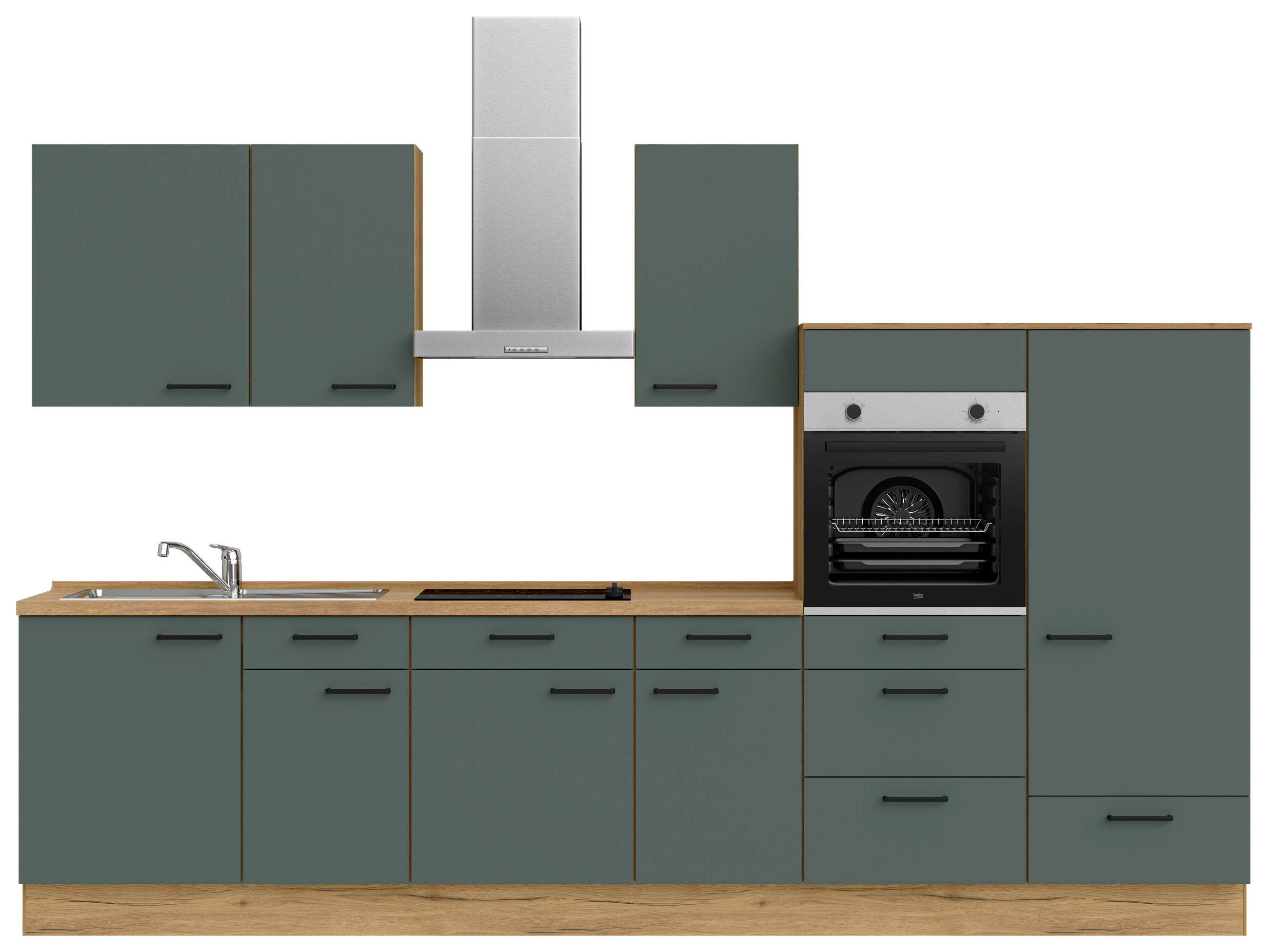 KÜCHENBLOCK 330 cm   in Eichefarben, Dunkelgrün  - Dunkelgrün/Eichefarben, MODERN, Holzwerkstoff/Metall (330cm) - Nobilia