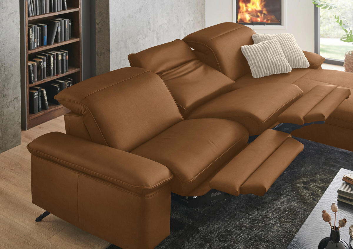 ECKSOFA  Echtleder Cognac  - Cognac/Schwarz, Design, Leder/Metall (307/169cm) - Beldomo Premium