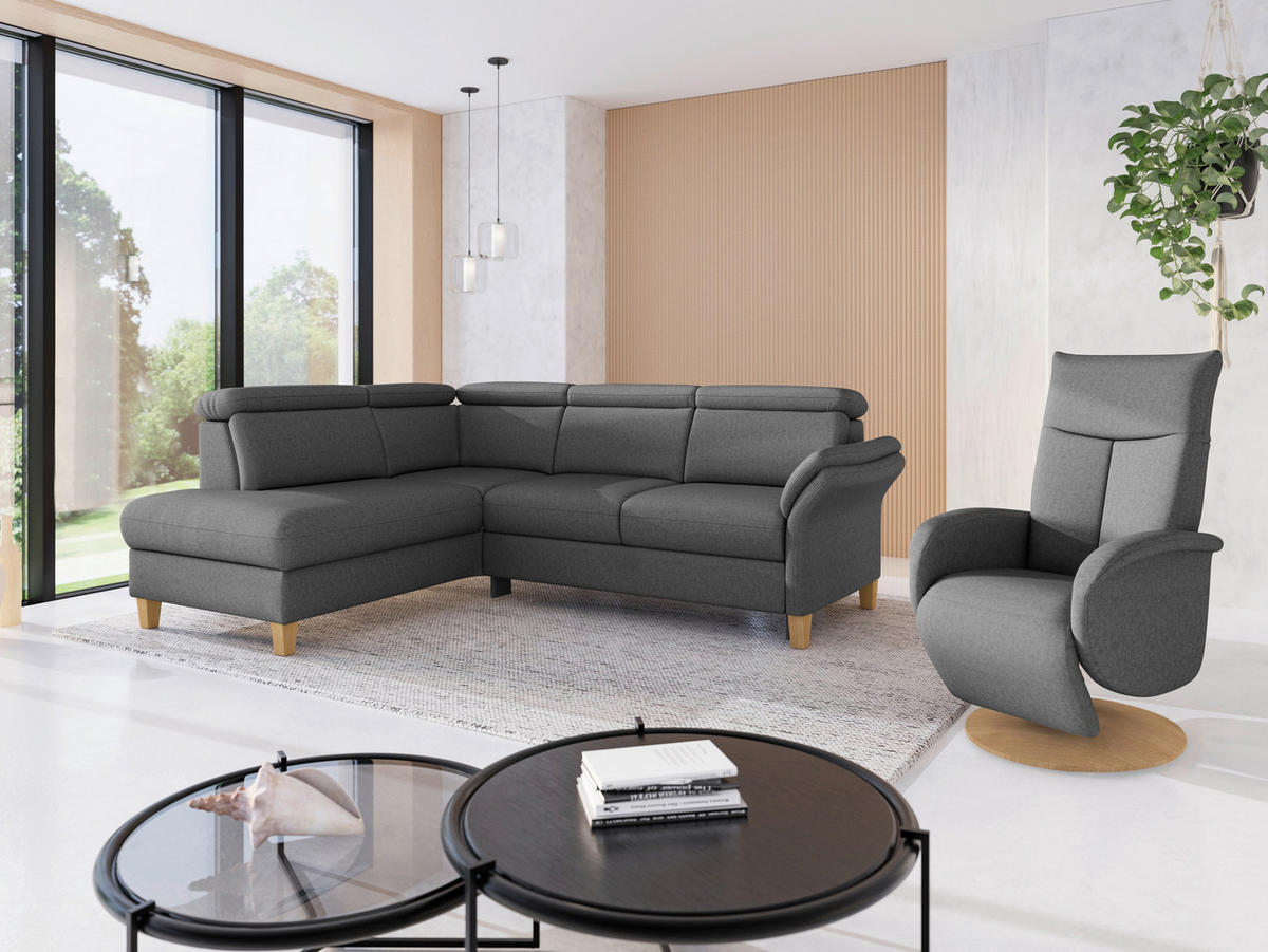 ECKSOFA GLENDALE E in Flachgewebe Dunkelgrau  193/247 cm  - Eichefarben/Dunkelgrau, KONVENTIONELL, Holz/Textil (193/247cm) - Sit & More