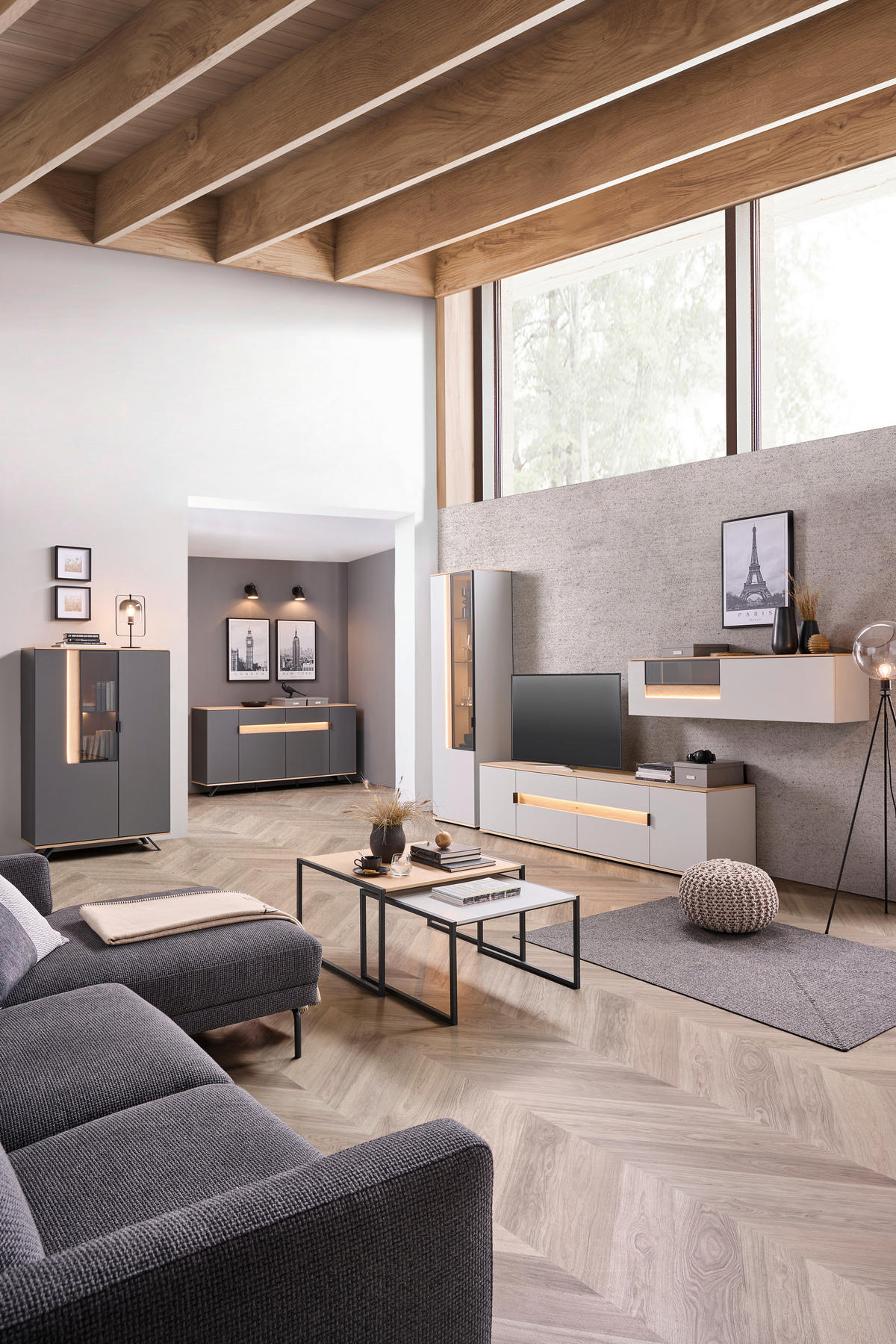 WOHNWAND  in Anthrazit, Eichefarben  370/214,6/48 cm    - Eichefarben/Anthrazit, Design, Glas/Holz (370/214,6/48cm) - Dieter Knoll