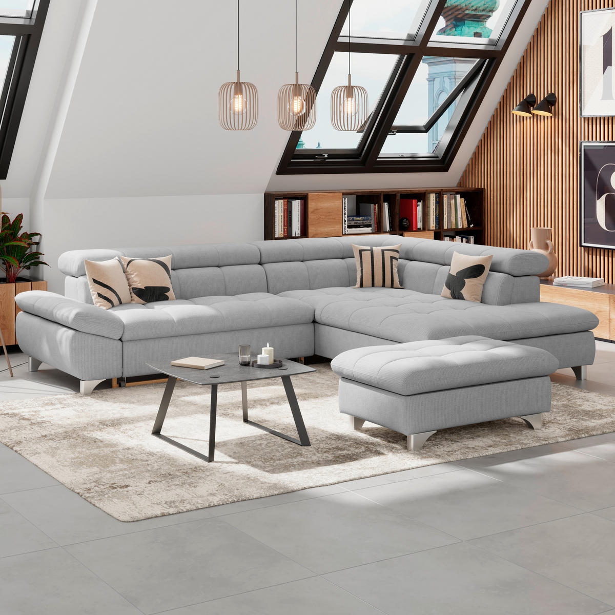 HOCKER Chenille Hellgrau  - Chromfarben/Hellgrau, KONVENTIONELL, Textil/Metall (108/46/108cm) - Livetastic