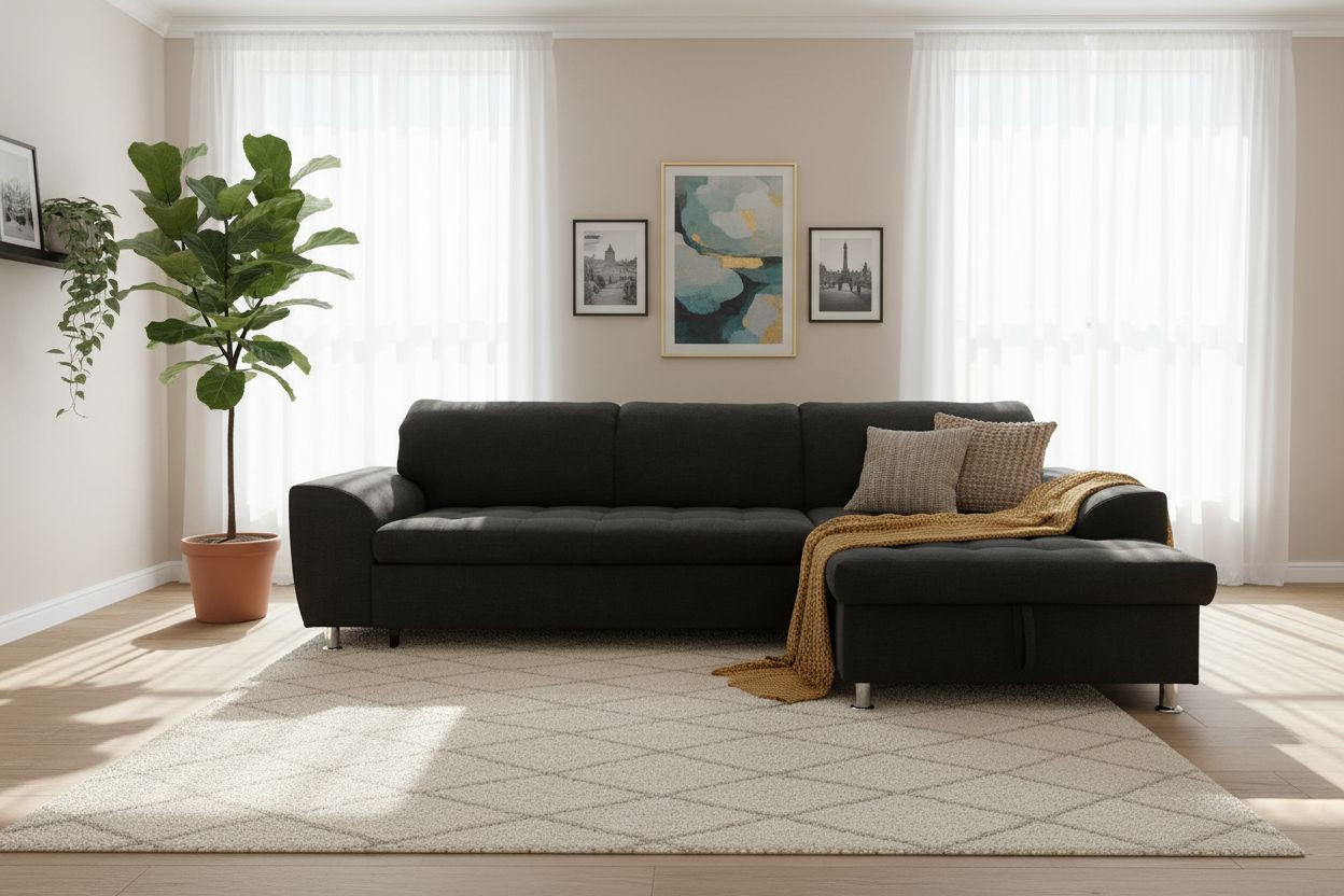 ECKSCHLAFSOFA MERIDIAN Mikrofaser Schwarz  inkl. Bettkasten, Schlaffunktion, Rücken echt  - Chromfarben/Schwarz, KONVENTIONELL, Textil/Metall (278/171cm) - MID.YOU