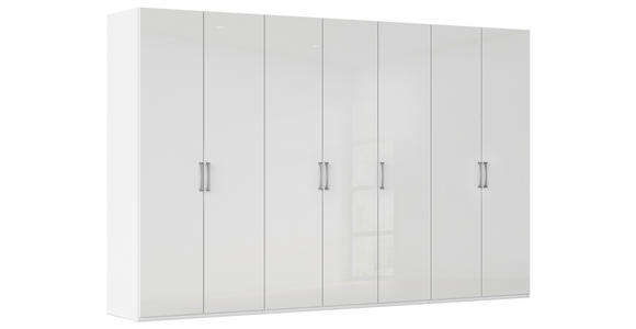 DREHTÜRENSCHRANK 350/235/61 cm,  in Weiß, Weiß Hochglanz, 7-türig  - Edelstahlfarben/Weiß Hochglanz, Basics, Holzwerkstoff/Metall (350/235/61cm) - Novel