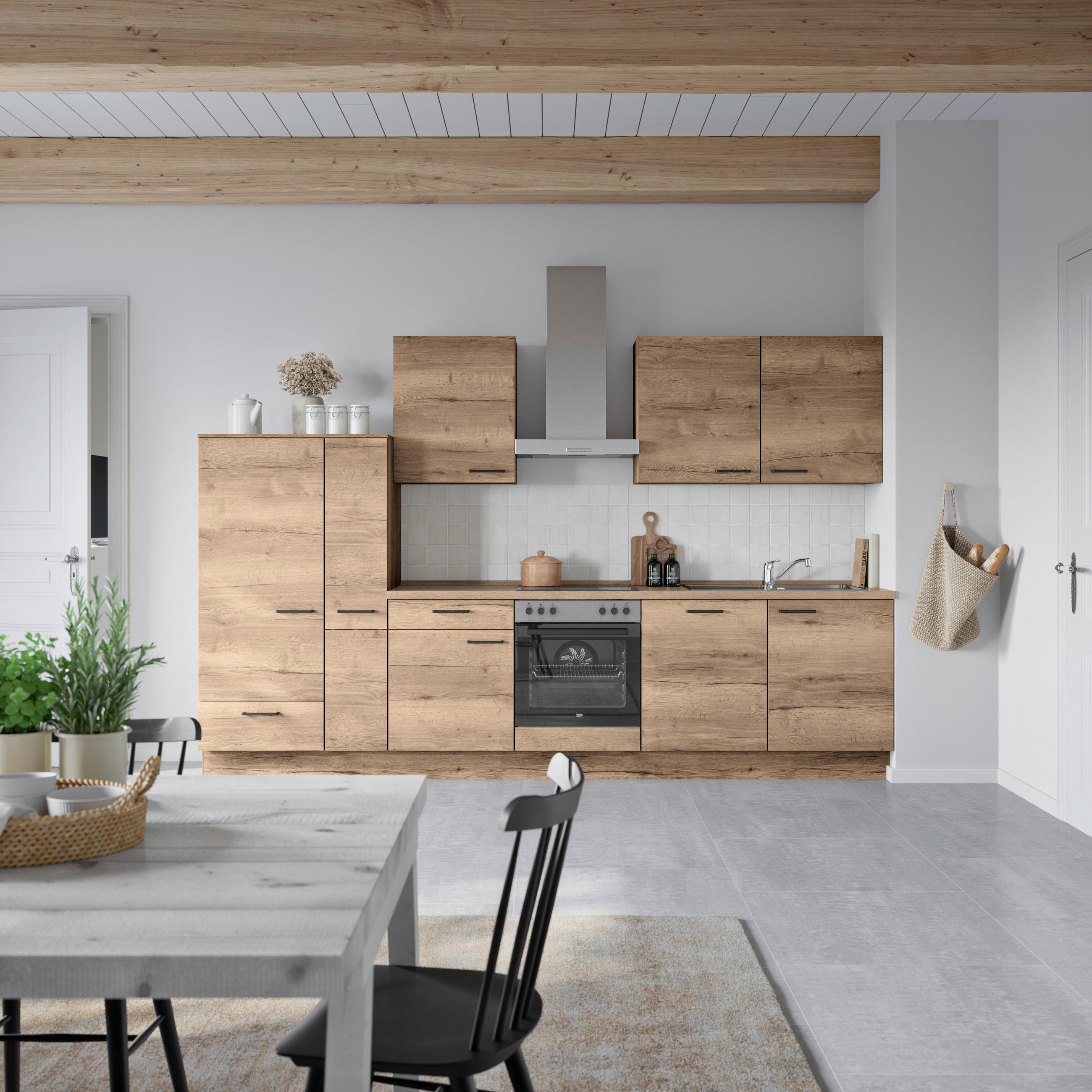 KÜCHENBLOCK 330 cm   in Eiche dunkel  - Eiche dunkel/Eichefarben, MODERN, Holzwerkstoff/Metall (330cm) - Nobilia