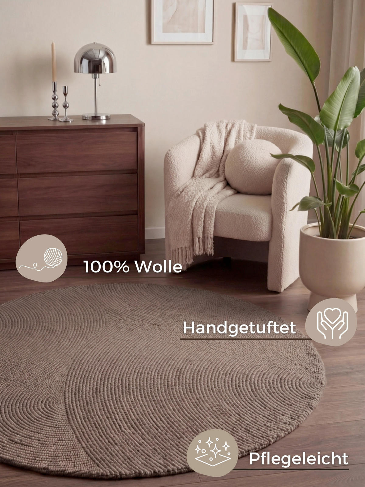 WOLLTEPPICH 120 cm Calmio Taupe rund  - Taupe, Basics, Textil (120cm) - Hanse Home