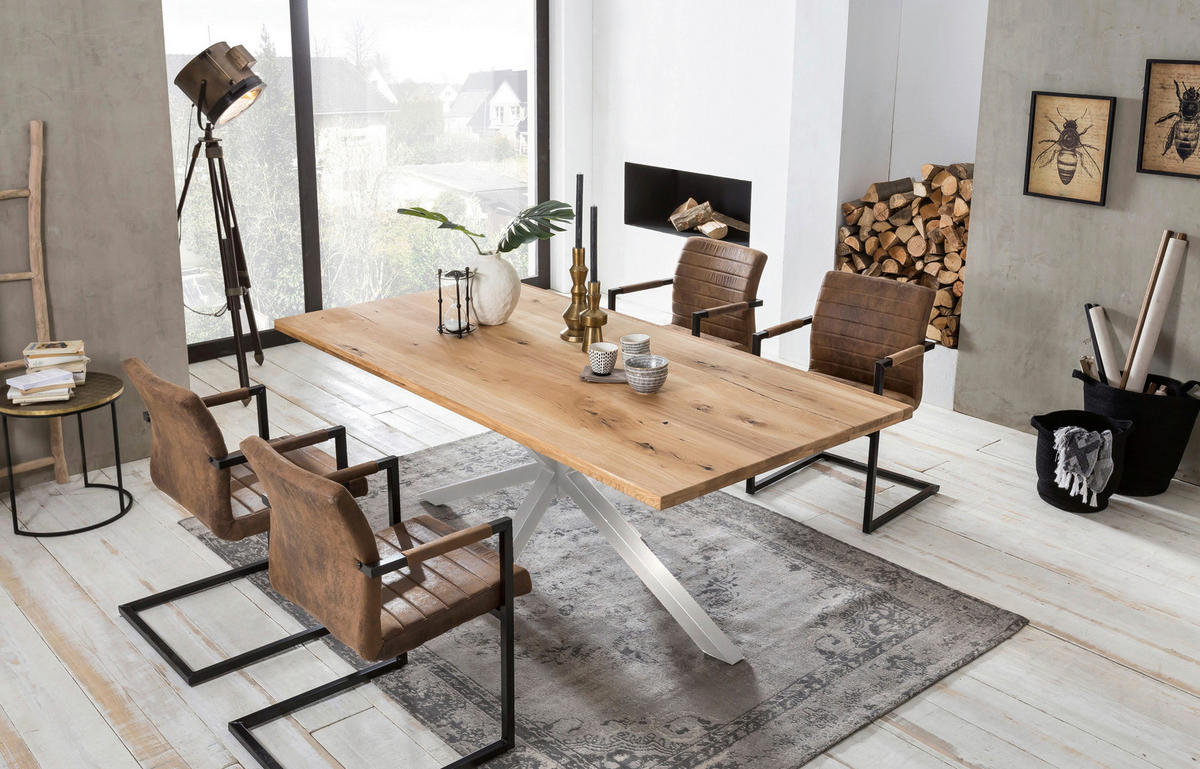 ESSTISCH 180/100/76 cm Echtholz  Holz, Metall rechteckig Naturfarben, Silberfarben  - Silberfarben/Naturfarben, MODERN, Holz/Metall (180/100/76cm) - MID.YOU