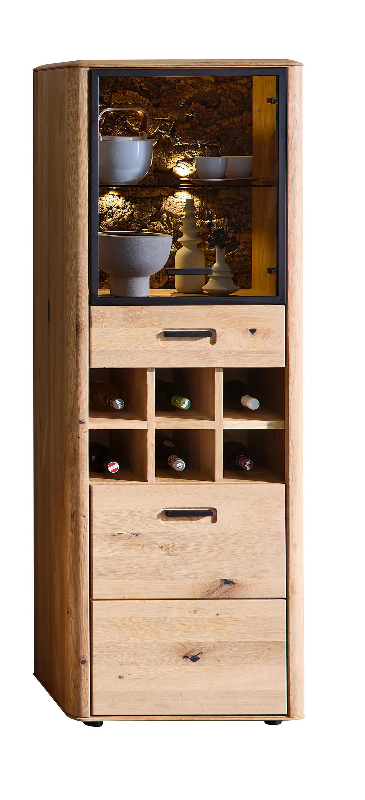 VITRINE in furniert, massiv, Sperrholz Wildeiche, Kork Schwarz, Wildeiche  - Wildeiche/Schwarz, Basics, Glas/Holz (60/169/39cm) - Livetastic