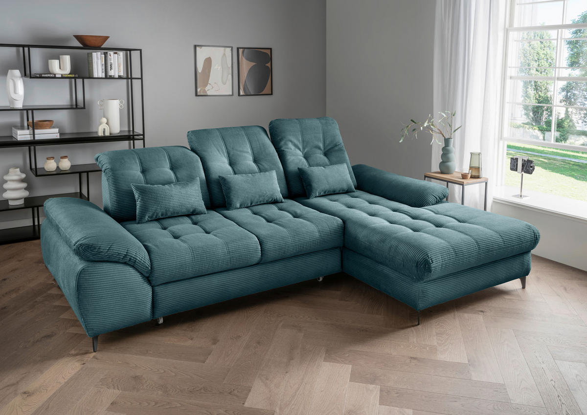 ECKSCHLAFSOFA in Cord Petrol  - Petrol/Schwarz, Modern, Textil/Metall (273/189cm) - Livetastic