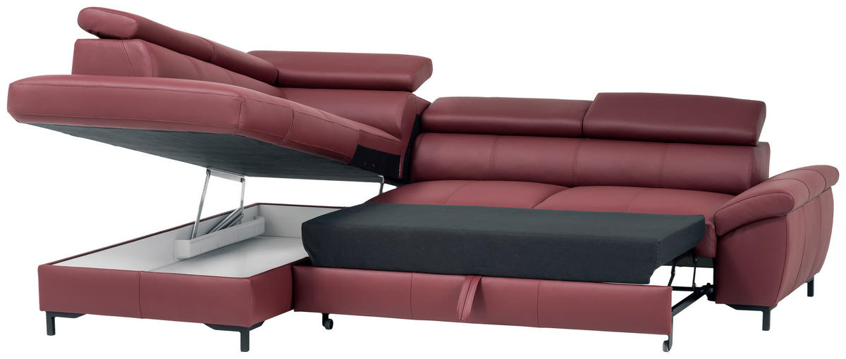 ECKSOFA Bordeaux Echtleder  - Bordeaux/Schwarz, Design, Leder/Metall (213/268cm)