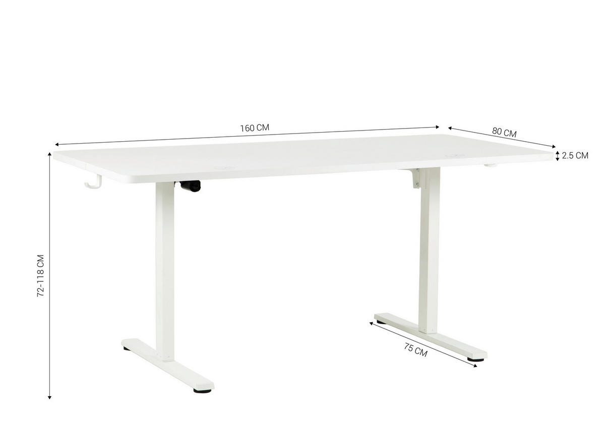 SCHREIBTISCH 160/80/72/118 cm Weiss höhenverstellbar elektrisch höhenverstellbar  - Weiss, Modern, Holzwerkstoff/Metall (160/80/72/118cm) - Livetastic