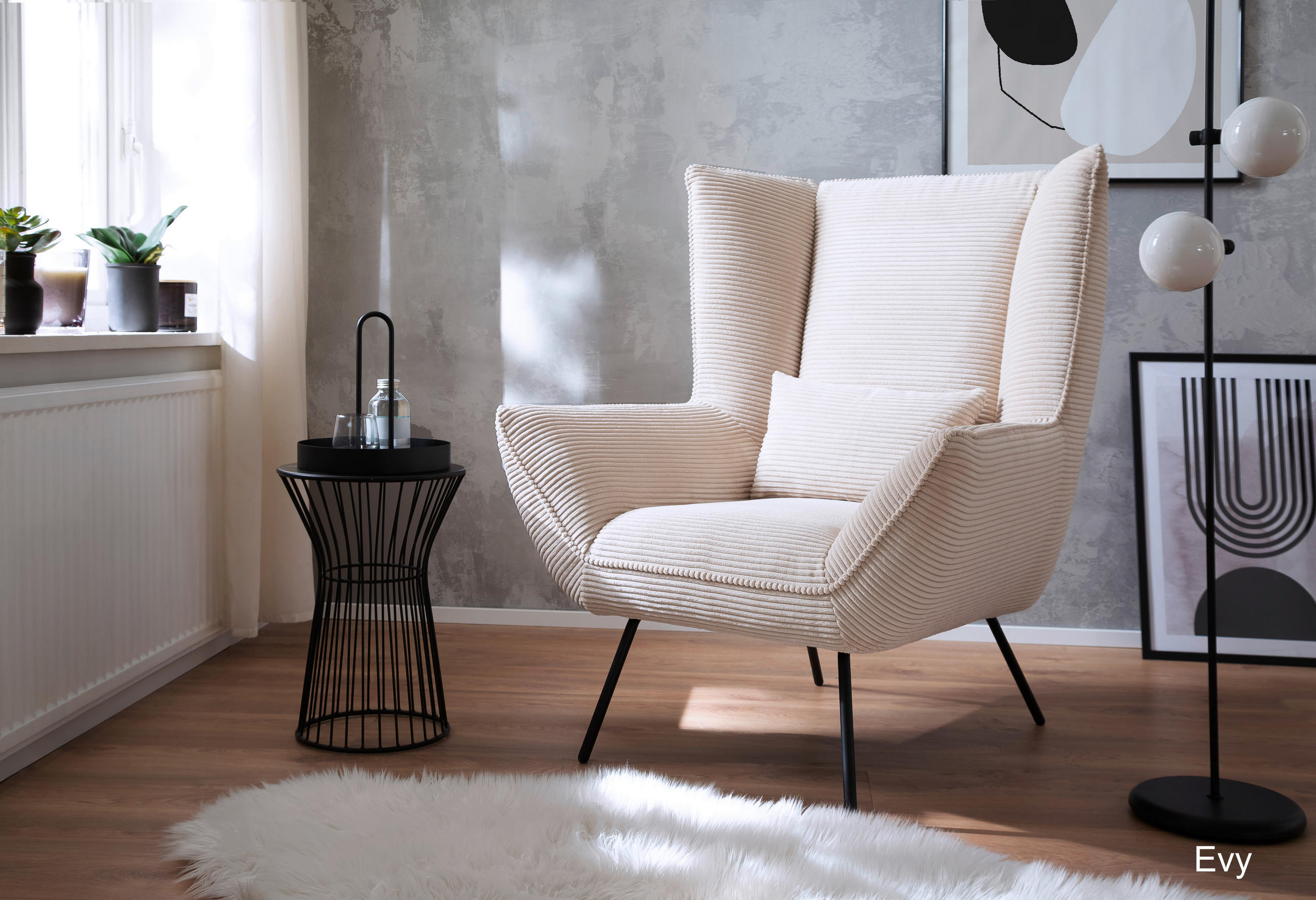 SESSEL Cord Naturfarben    - Schwarz/Naturfarben, Design, Textil/Metall (90/112/94cm) - Pure Home Lifestyle