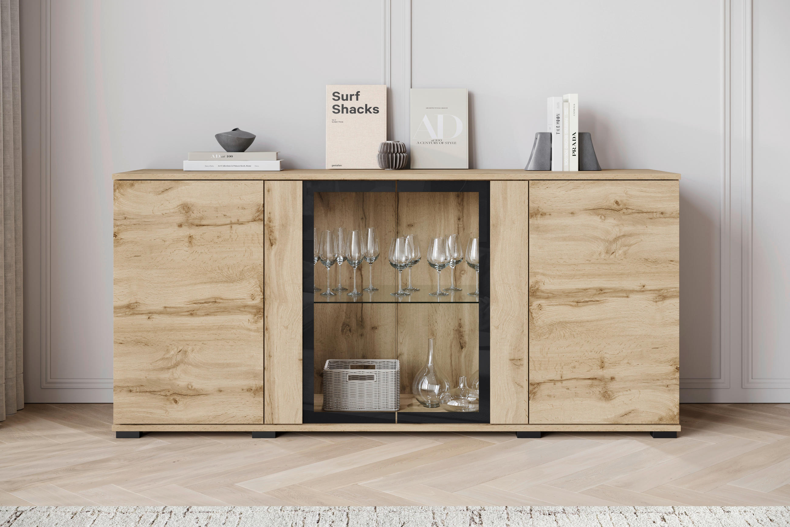 SIDEBOARD 150/69,7/39,5 cm  in Eiche Wotan  - Eiche Wotan/Schwarz, Design, Glas/Holzwerkstoff (150/69,7/39,5cm) - Livetastic