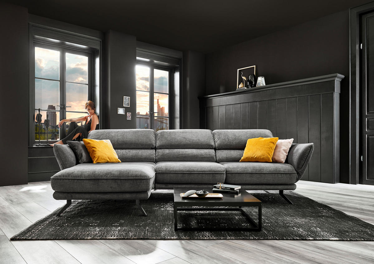 ECKSOFA in Velours Silberfarben  - Silberfarben/Schwarz, Design, Textil/Metall (153/283cm) - Valdera