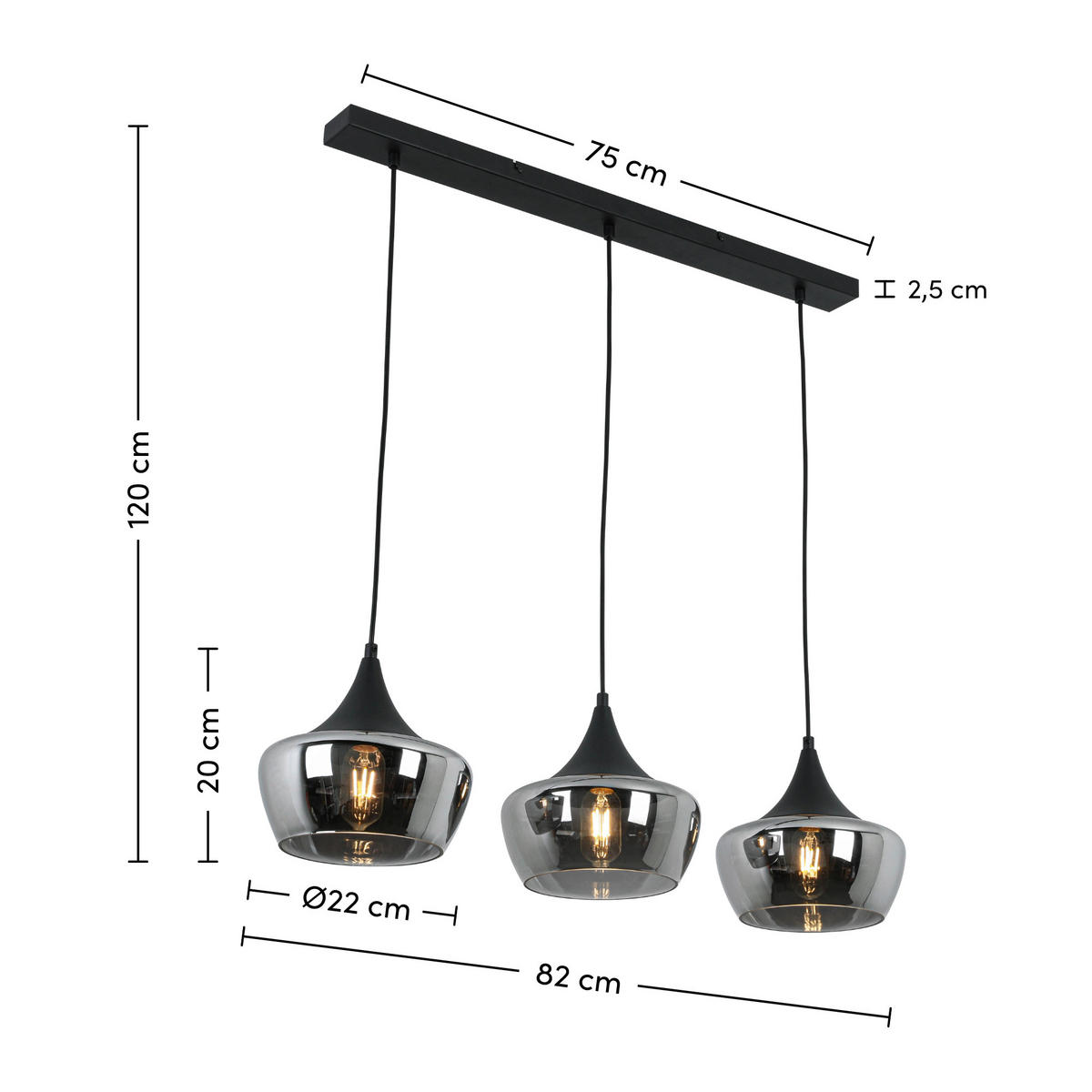 VISEČA SVETILKA     80/22/120 cm        3x25 W E27 - barve kroma/črna, Konvencionalno, kovina/umetna masa (80/22/120cm) - Novel