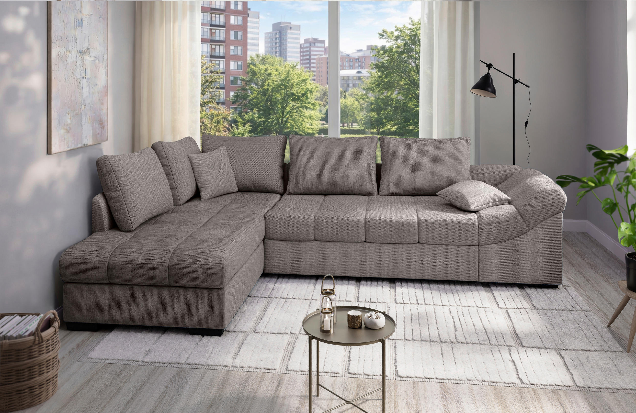 ECKSCHLAFSOFA Alvito Graubraun Chenille  - Graubraun/Schwarz, MODERN, Holz/Textil (202/298cm) - MID.YOU