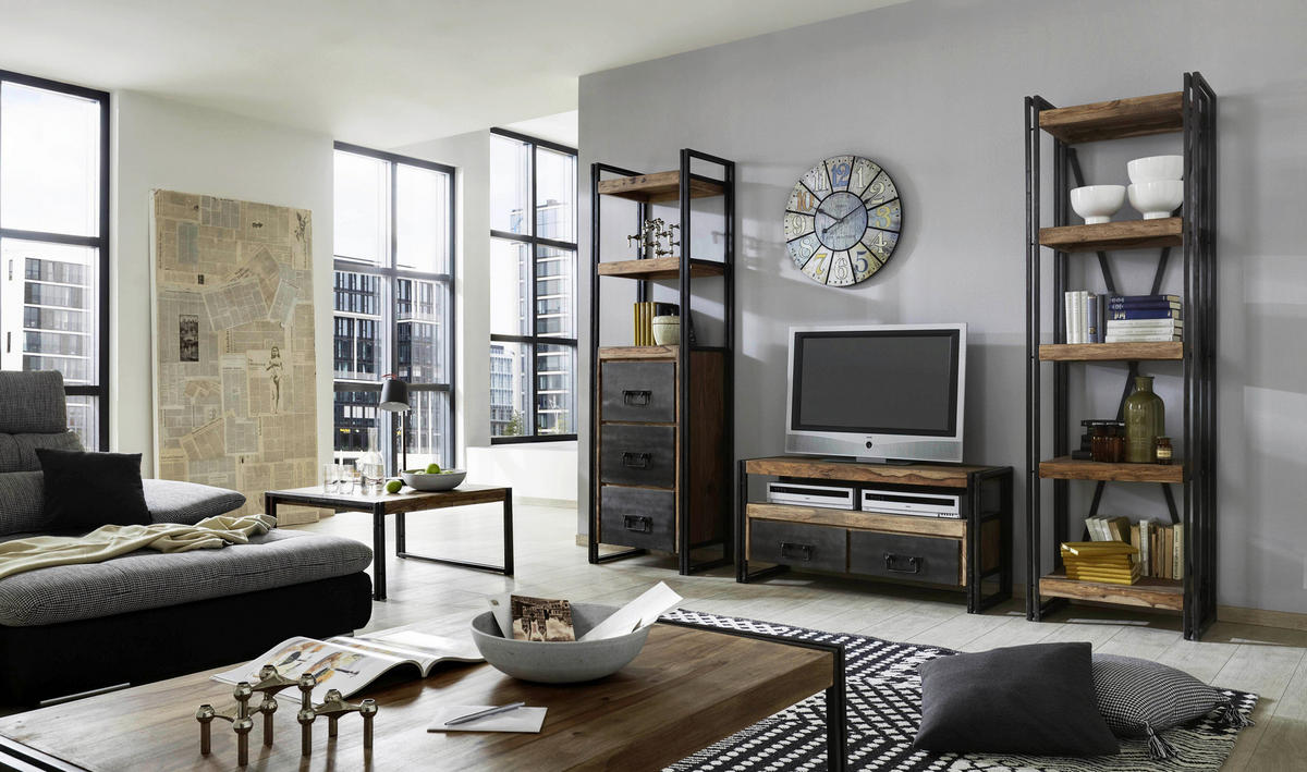 LOWBOARD  112/55/40 cm 2 Schublade(n) Typenauswahl, Beimöbel erhältlich, stehend  - Schwarz/Naturfarben, Design, Holz/Metall (112/55/40cm) - MID.YOU