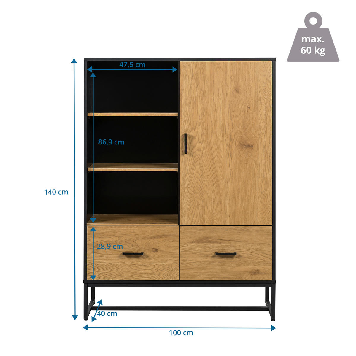 HIGHBOARD  in 100/140/40 cm  - Eichefarben/Schwarz, MODERN, Holzwerkstoff/Metall (100/140/40cm) - MID.YOU