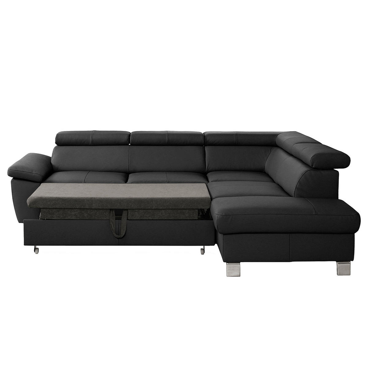 ECKSOFA Schwarz Echtleder Lederlook  - Chromfarben/Schwarz, Design, Leder/Textil (248/208cm) - Livetastic