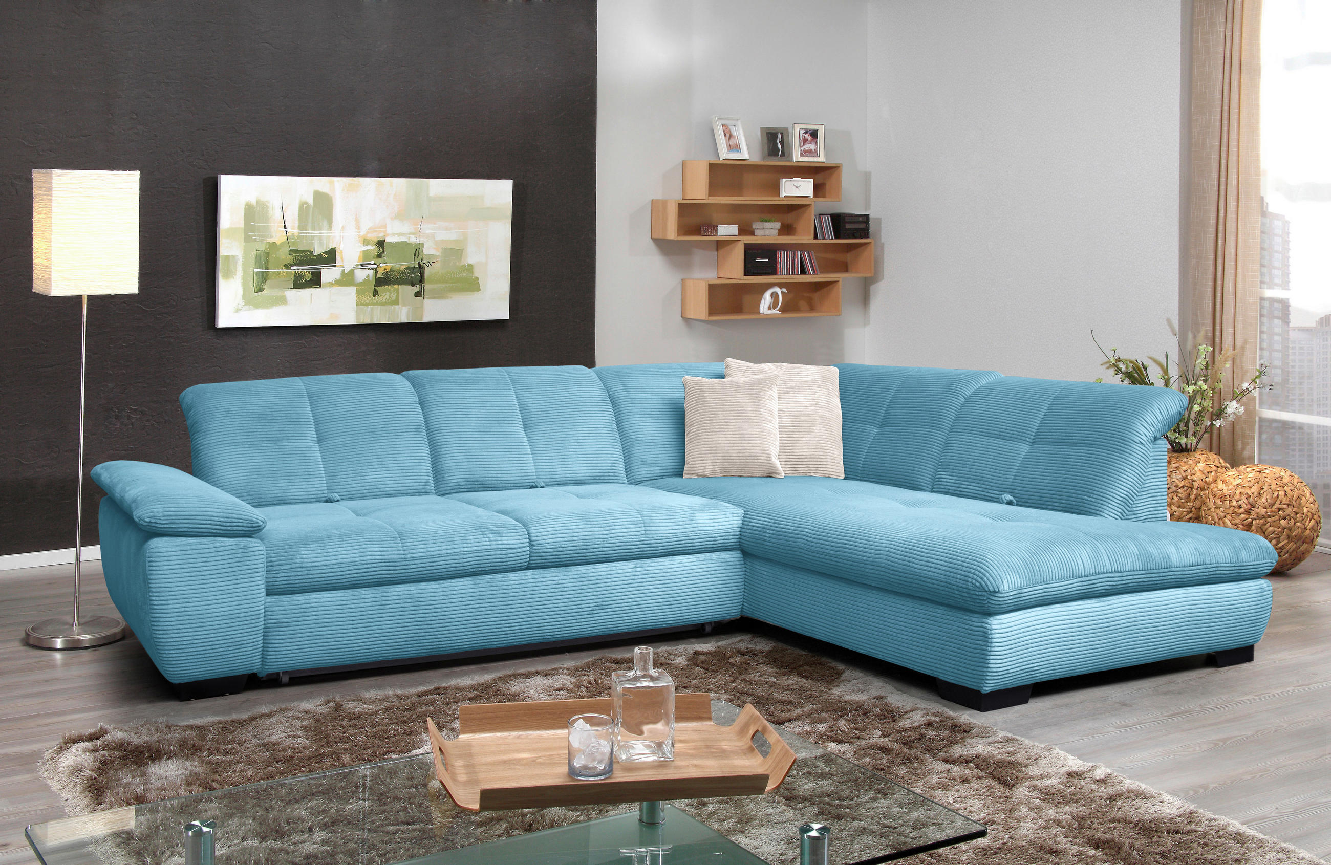 ECKSOFA in Cord Blau  - Blau/Schwarz, Design, Textil/Metall (313/242cm) - Xora