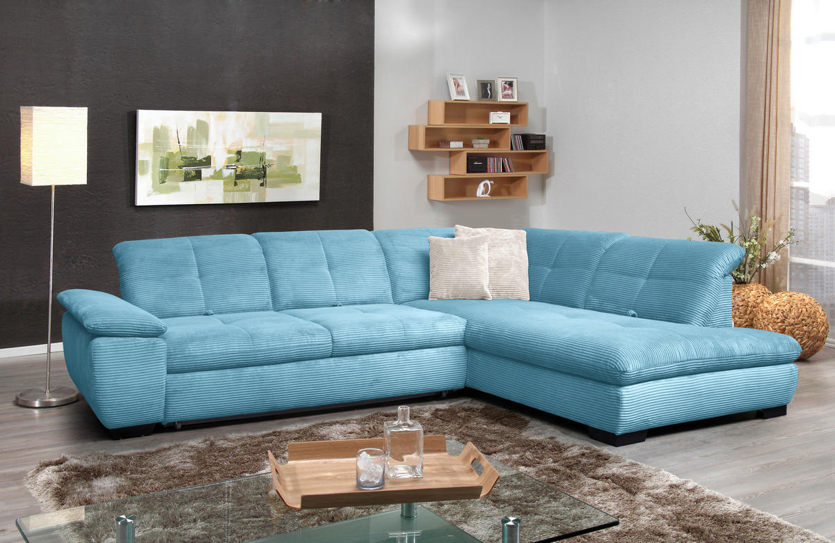 ECKSOFA in Cord Blau  - Blau/Schwarz, Design, Textil/Metall (313/242cm) - Xora