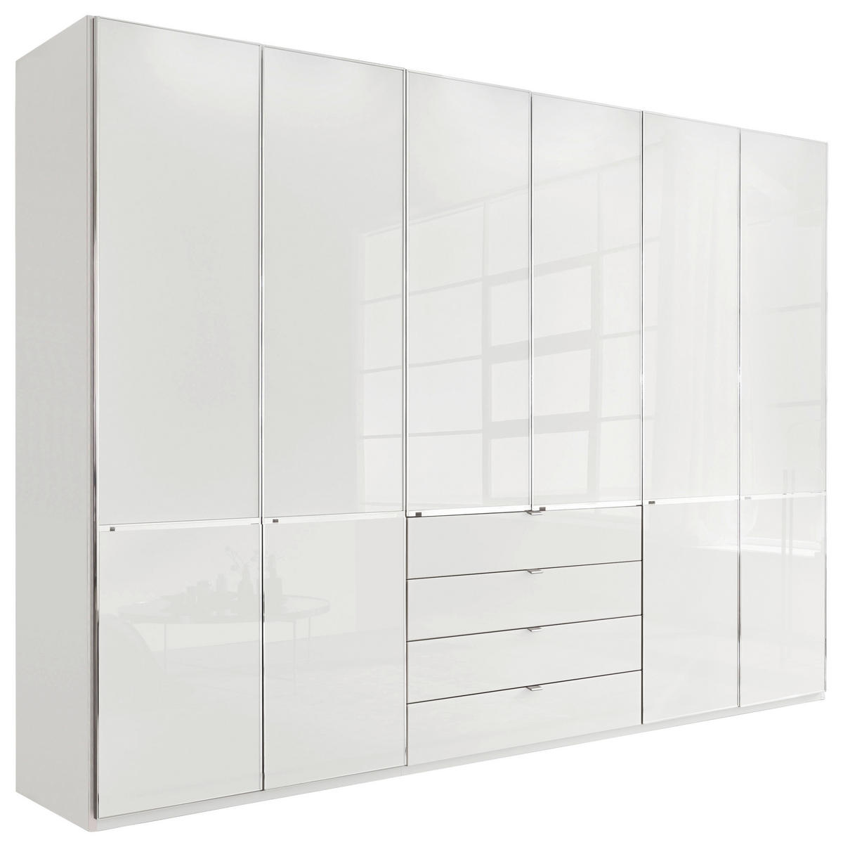 KLEIDERSCHRANK 300/216/62 cm,  in Weiß, 6-türig  - Chromfarben/Weiß, Design, Glas/Holzwerkstoff (300/216/62cm) - Novel