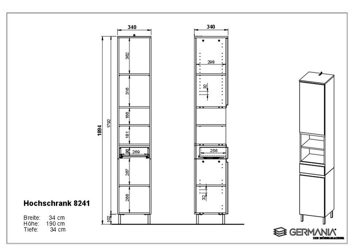 HOCHSCHRANK 34/190/34 cm  - Kaschmir/Schwarz, MODERN, Holzwerkstoff/Metall (34/190/34cm) - Germania