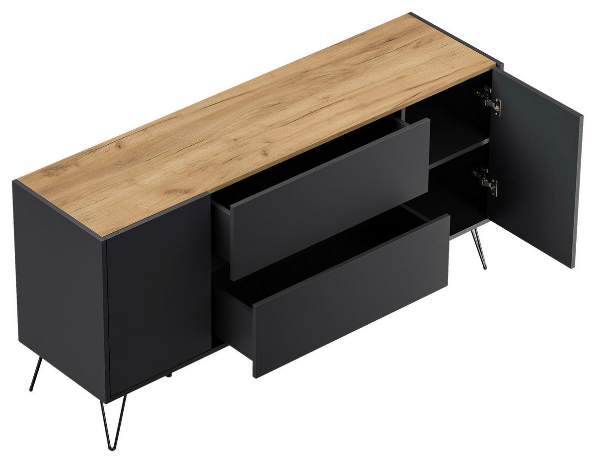 SIDEBOARD Posseik Industrial 155/75,8/42 cm 2 Schublade(n)  - Eichefarben/Graphitfarben, Design, Holzwerkstoff/Metall (155/75,8/42cm) - MID.YOU