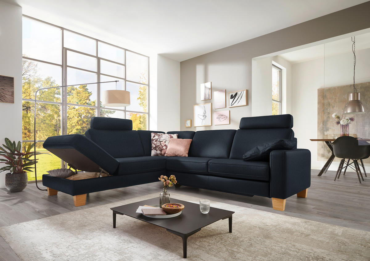 ECKSOFA in Echtleder Dunkelblau  - Eiche Bianco/Dunkelblau, Konventionell, Leder/Holz (235/257cm) - Valdera