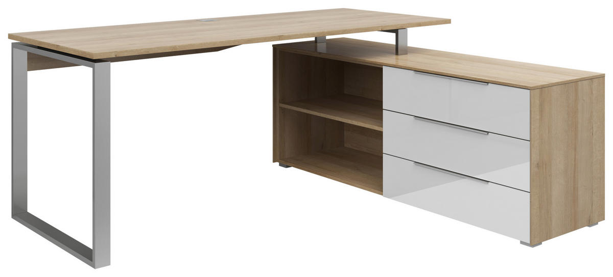 ECKSCHREIBTISCH 184/159/77 cm  in Weiß, Eichefarben  - Eichefarben/Silberfarben, KONVENTIONELL, Glas/Holzwerkstoff (184/159/77cm) - Voleo