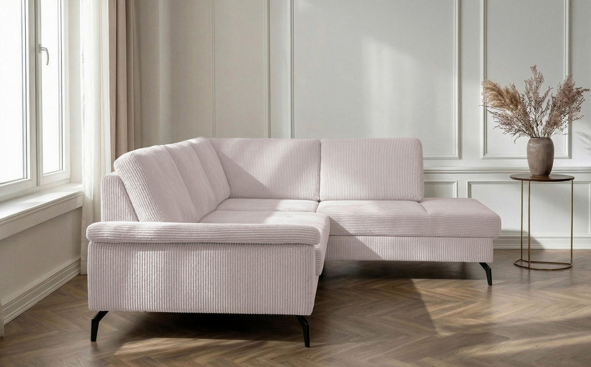 ECKSOFA inkl. Funktionen Creme Velours Bettkasten, Sitzvorzug  - Creme/Schwarz, KONVENTIONELL, Textil/Metall (253/206cm) - Venda