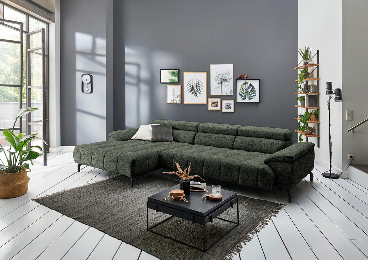 ECKSOFA in Chenille Grün  190/329 cm  - Schwarz/Grün, Design, Textil/Metall (190/329cm) - Beldomo Style