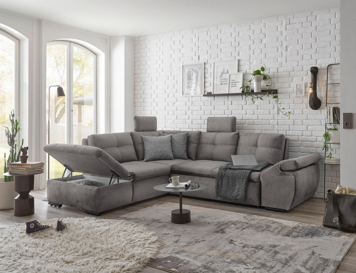 ECKSOFA in Mikrovelours Hellgrau  - Hellgrau/Schwarz, Konventionell, Kunststoff/Textil (217/265cm) - Carryhome
