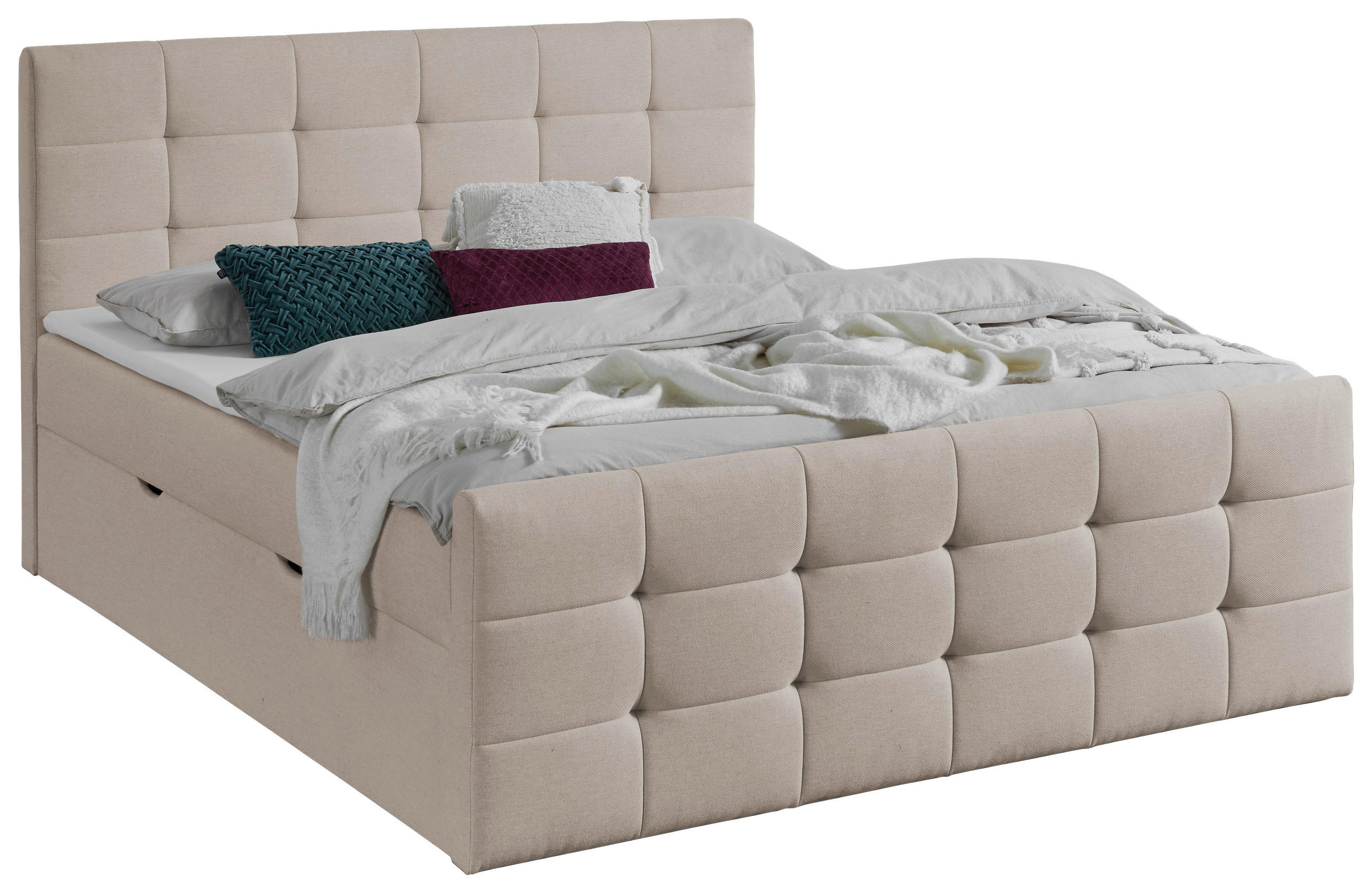 BOXBETT 180/200 cm,  in Beige, Matratze, gepolstertes Kopfteil, Bettkasten, Topper, H3 = fest  - Beige, Basics, Textil (180/200cm) - Boxxx
