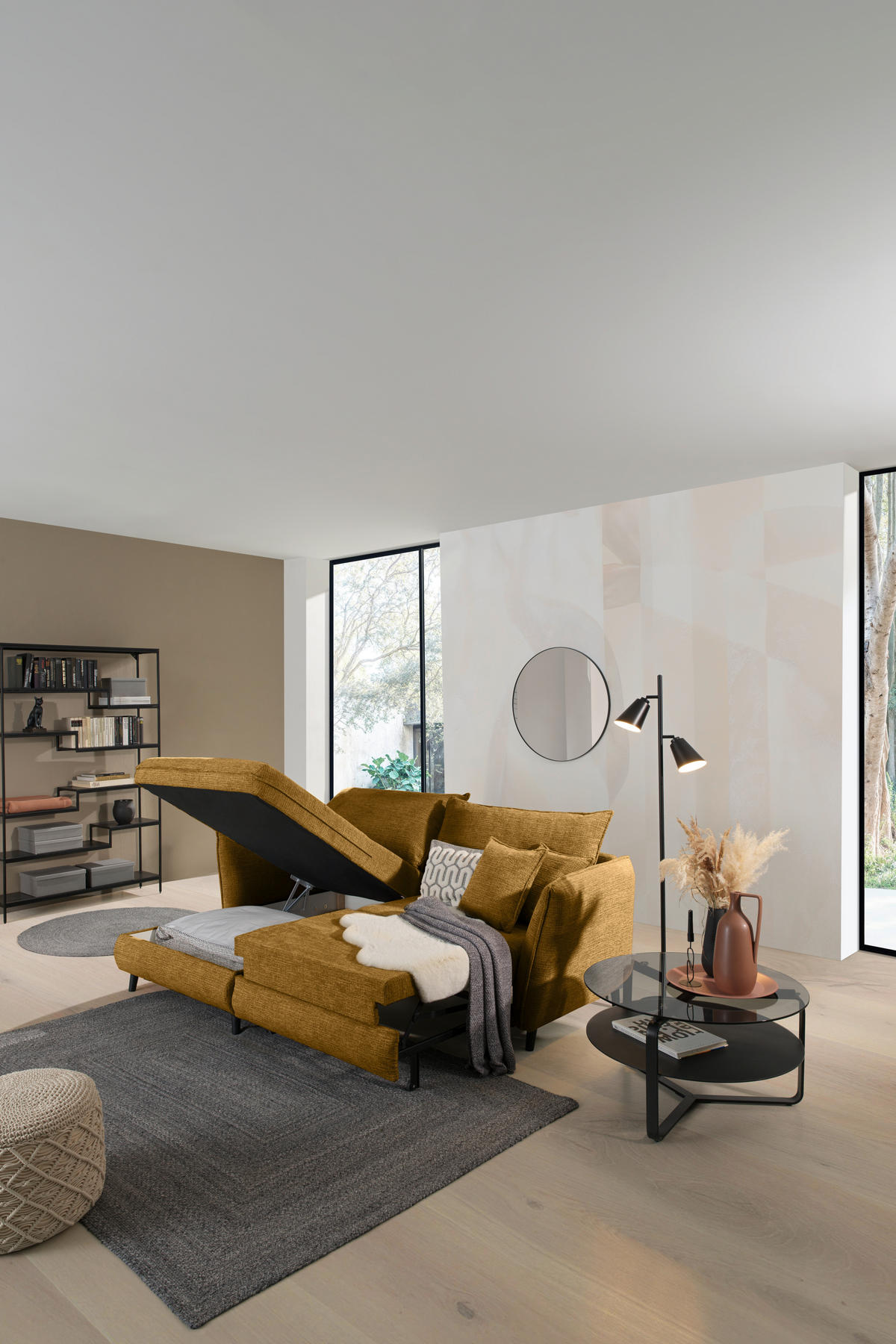 HÖRNSOFFA i struktur senapsgul  - svart/senapsgul, Design, trä/textil (245/161cm) - Livetastic
