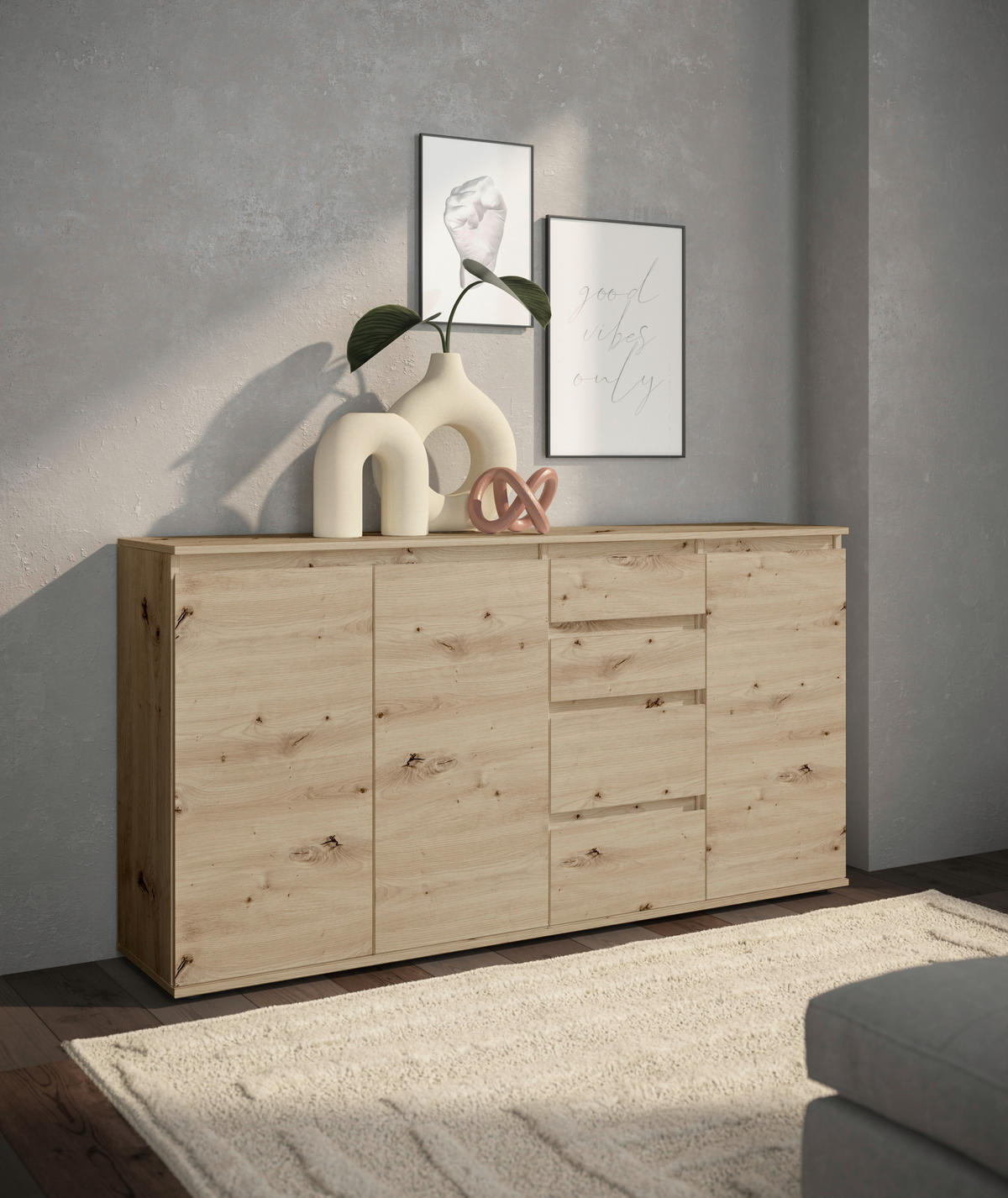 SIDEBOARD Brest 160/84/35 cm 4 Schublade(n)  - Eiche Artisan/Grau, Design, Holzwerkstoff/Kunststoff (160/84/35cm) - Boxxx