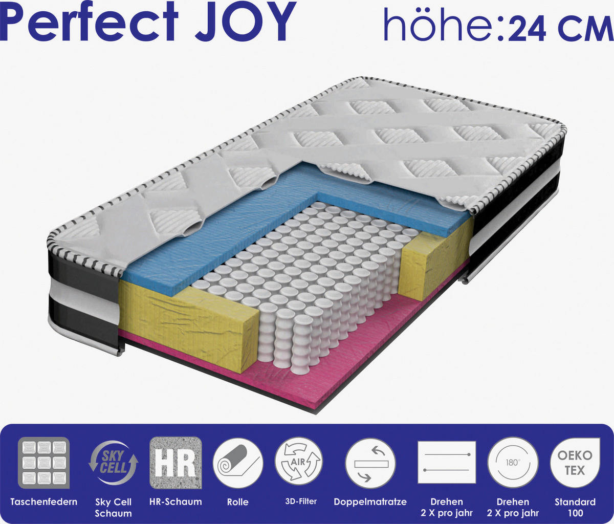 TASCHENFEDERKERNMATRATZE 120/200 cm, Höhe ca.: 24 cm, H2 + H3 = mittel + fest,  - Weiß, Basics, Textil (120/200cm) - Boxxx