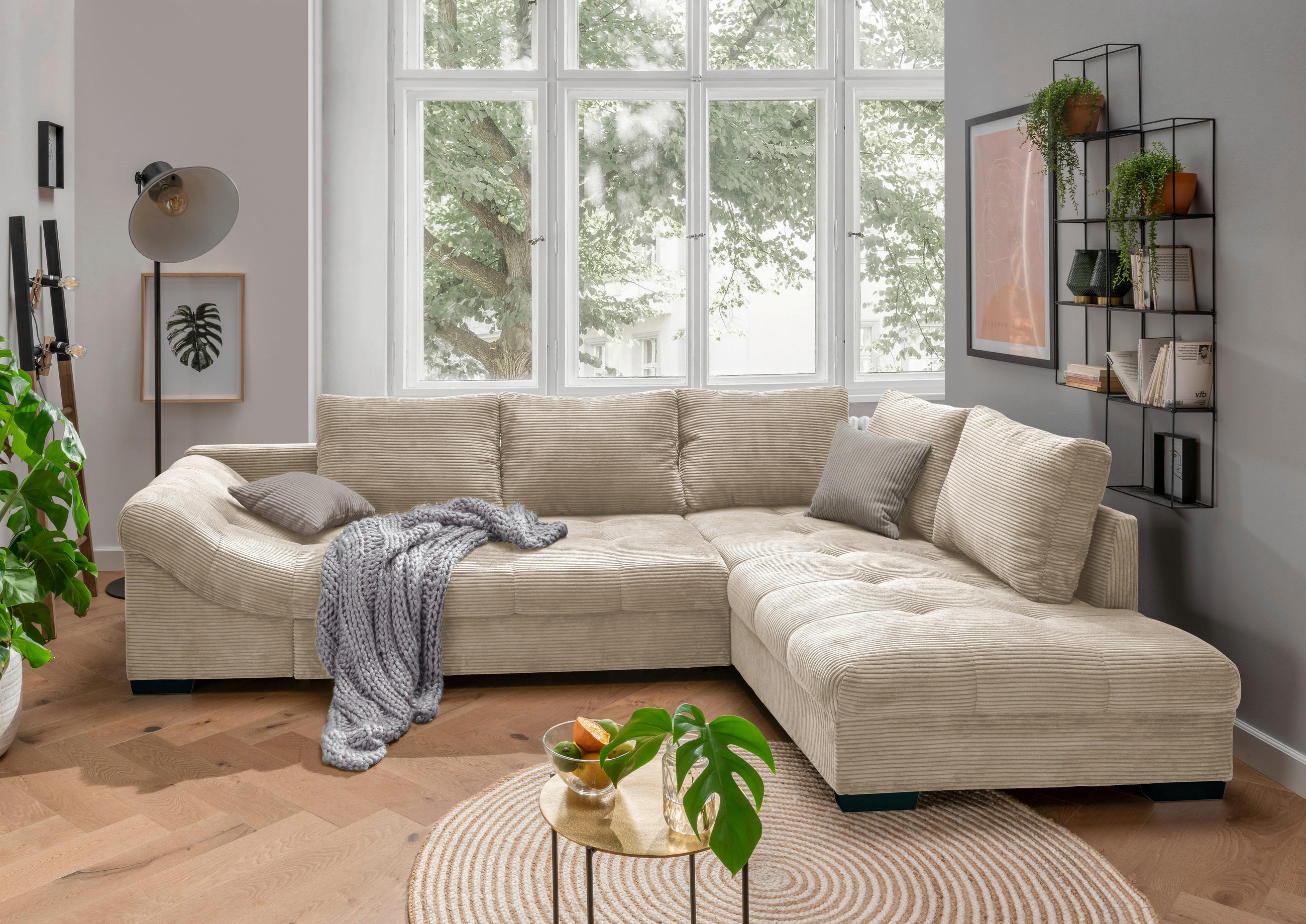 ECKSOFA Beige Cord  - Beige/Schwarz, Design, Holz/Textil (298/202cm) - MID.YOU