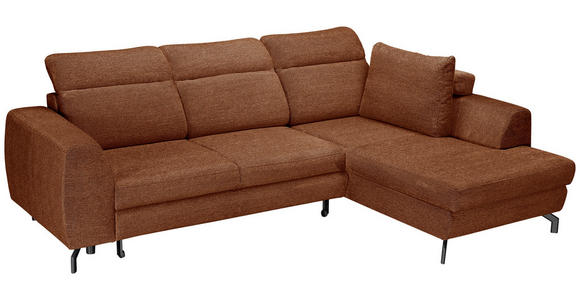 ECKSOFA Cognac Chenille  inkl. Zierkissen, Bettkasten, Schlaffunktion, Rücken echt, Kopfteilverstellung, Liegefläche im Originalstoff  - Cognac/Schwarz, KONVENTIONELL, Textil/Metall (266/185cm) - Carryhome