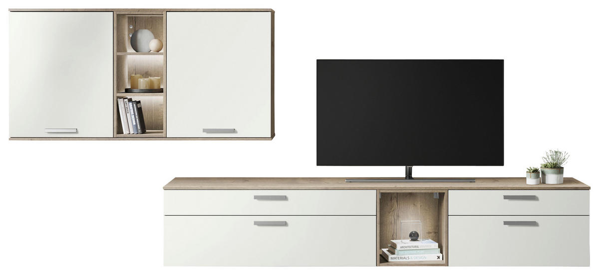 WOHNWAND  in Weiß, Eichefarben  330/150/48,5 cm  - Edelstahlfarben/Eichefarben, Design, Holzwerkstoff/Metall (330/150/48,5cm) - Celina Home