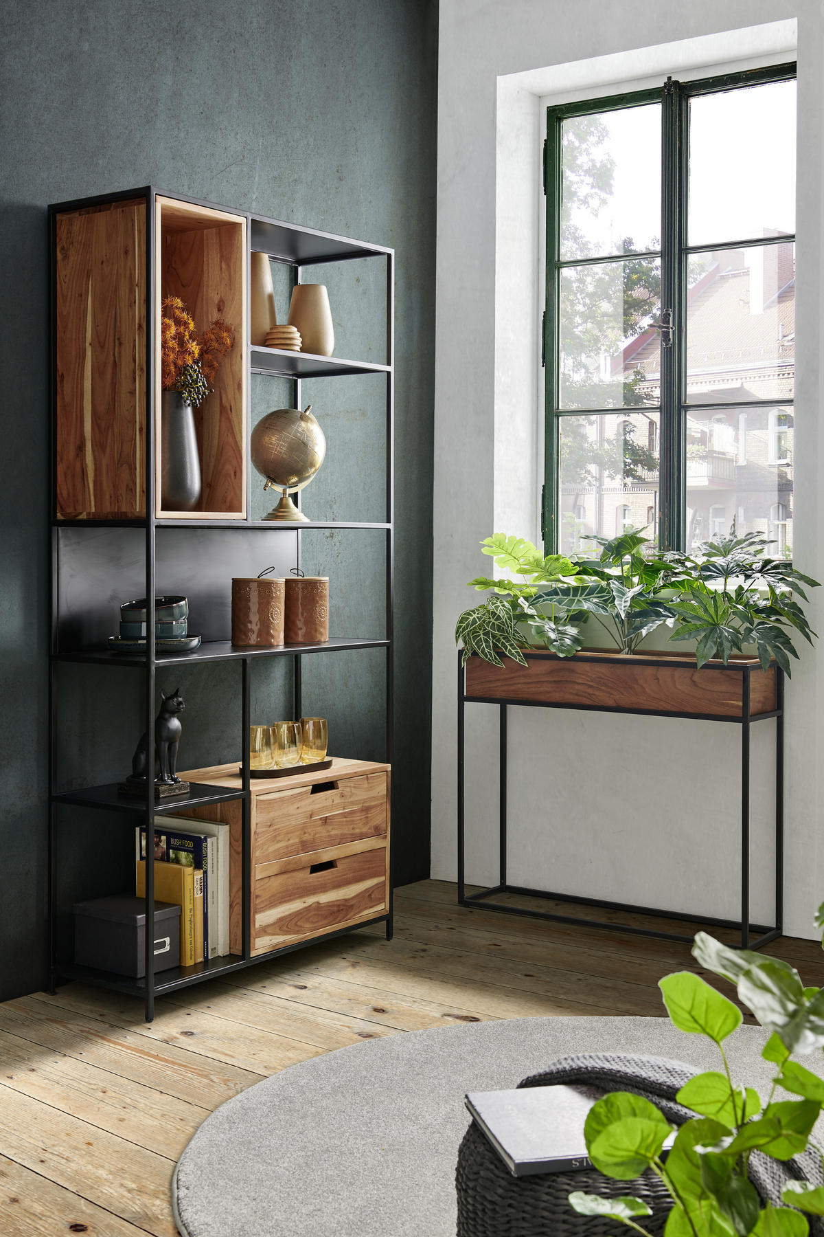 REGAL Akazie massiv Schwarz, Akaziefarben  - Schwarz/Akaziefarben, LIFESTYLE, Holz/Metall (90/185/34cm) - Landscape