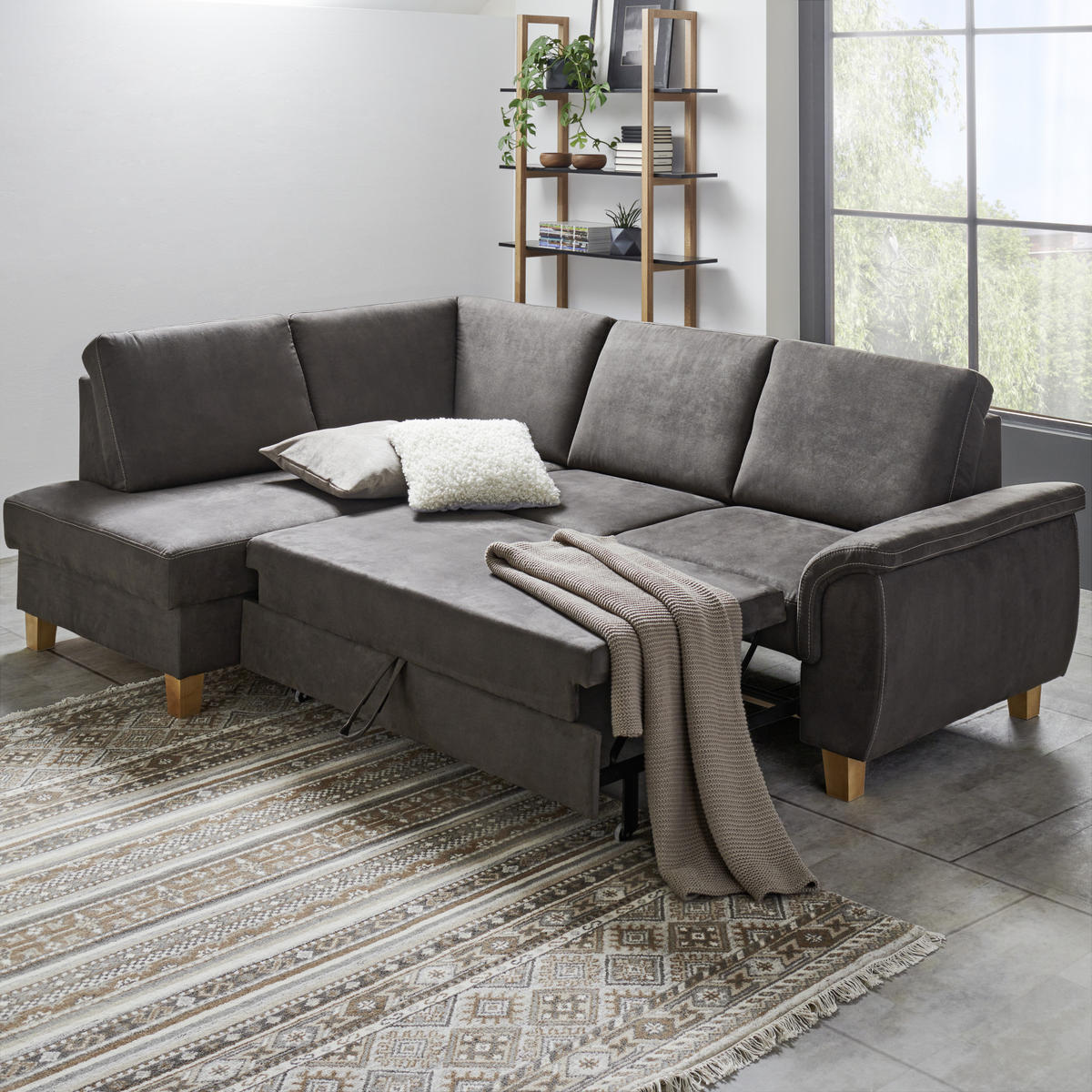 ECKSOFA inkl.Funktionen Graubraun Flachgewebe  - Eichefarben/Graubraun, Design, Holz/Textil (253/185cm) - Cantus