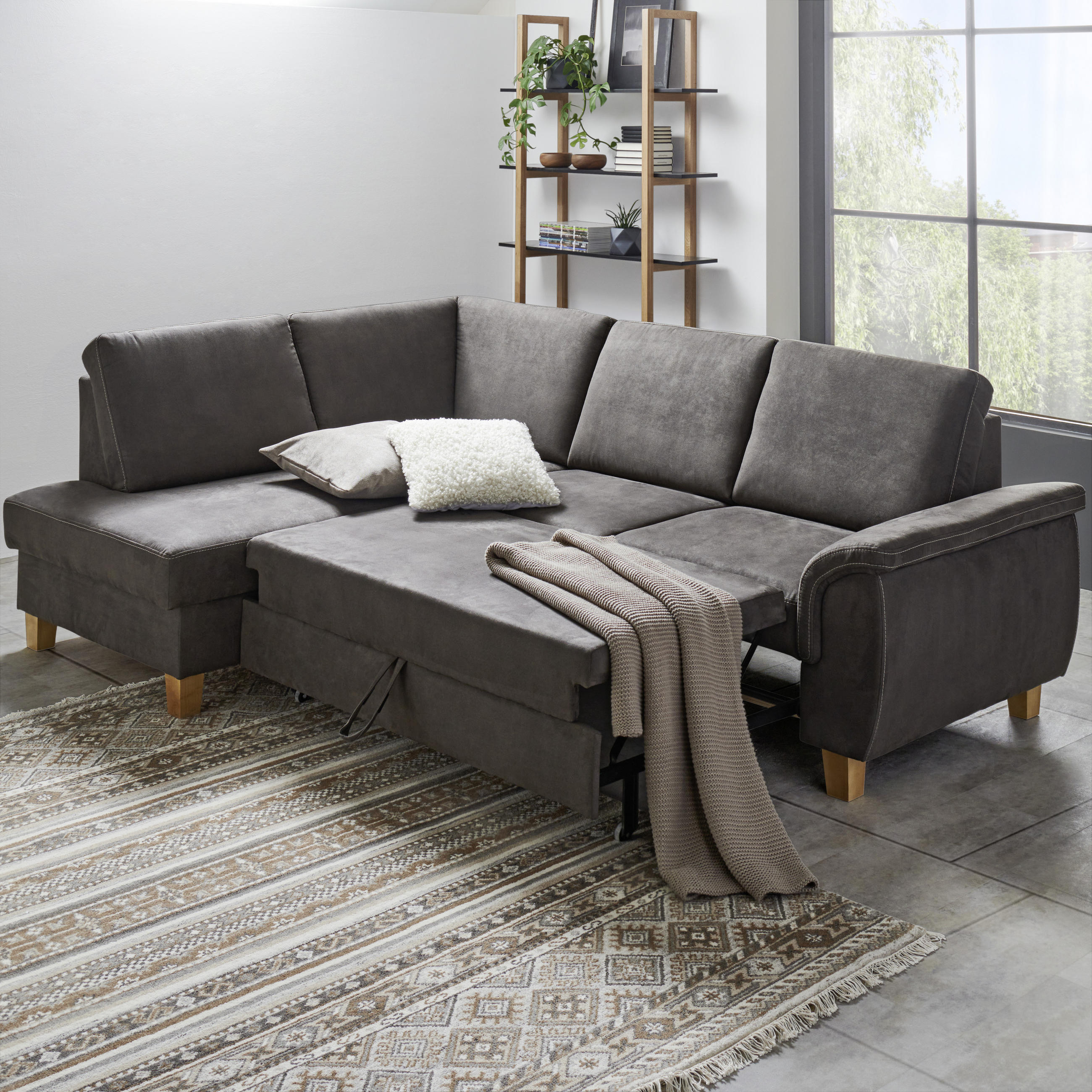 Thumbnail - Cantus Ecksofa, Graubraun, Textil, Eiche, Uni, 4-Sitzer, Ottomane links, L-Form, 253x185 cm, Stoffauswahl, Liegefunktion...