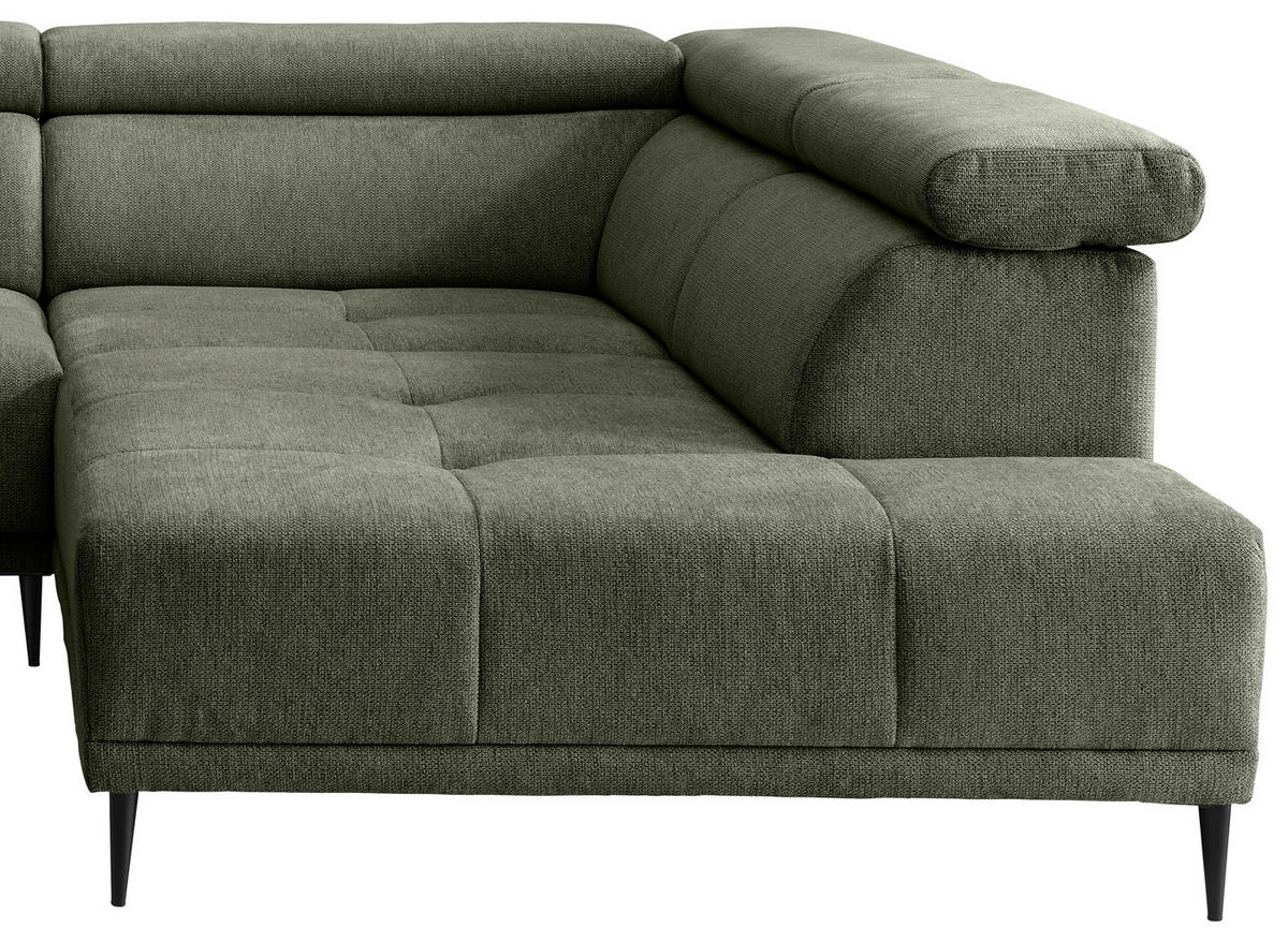 ECKSOFA INTERA Dunkelgrün Struktur Kopfteilverstellung, Sitzvorzug  - Dunkelgrün/Schwarz, KONVENTIONELL, Textil/Metall (305/225cm) - Livetastic
