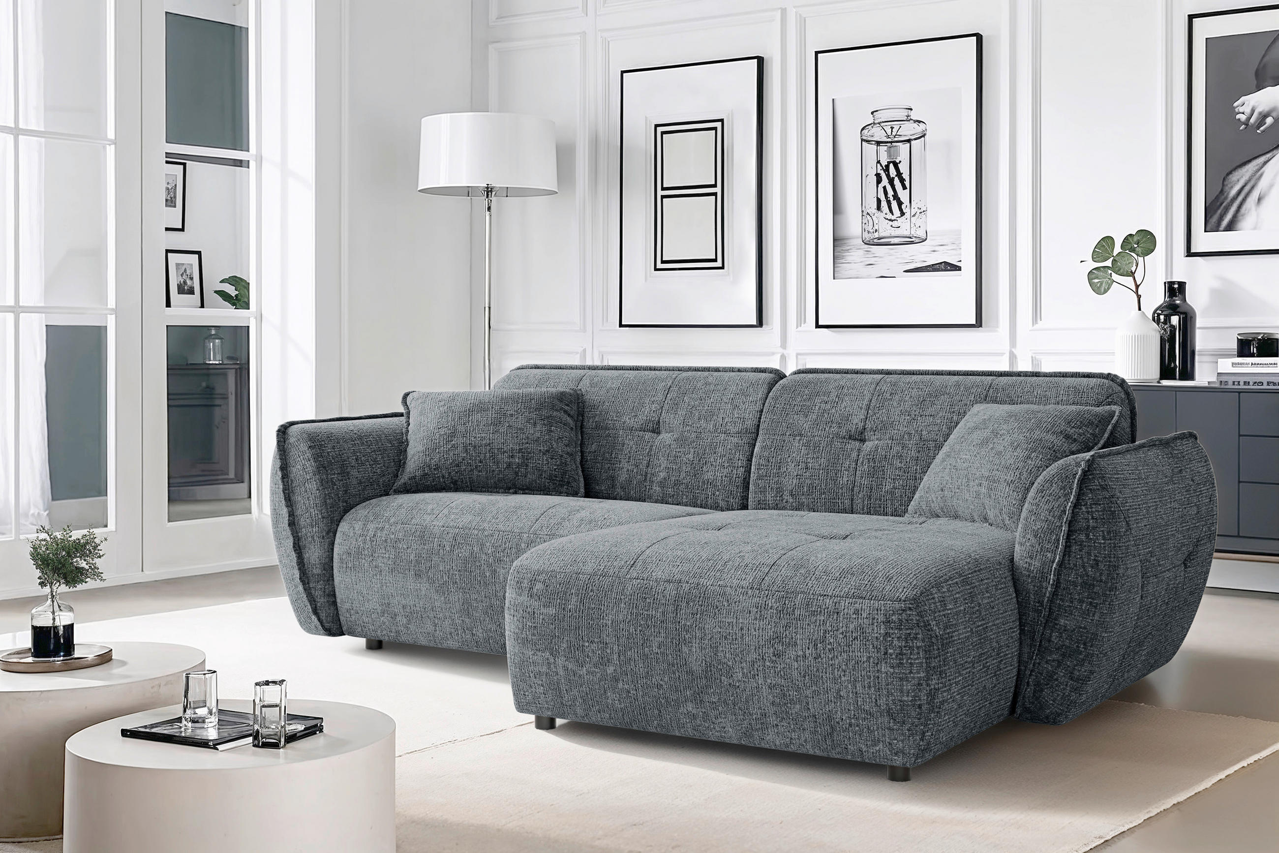 ECKSOFA Nelia Dunkelgrau Chenille  - Dunkelgrau/Schwarz, Design, Kunststoff/Textil (252/155cm) - P & B