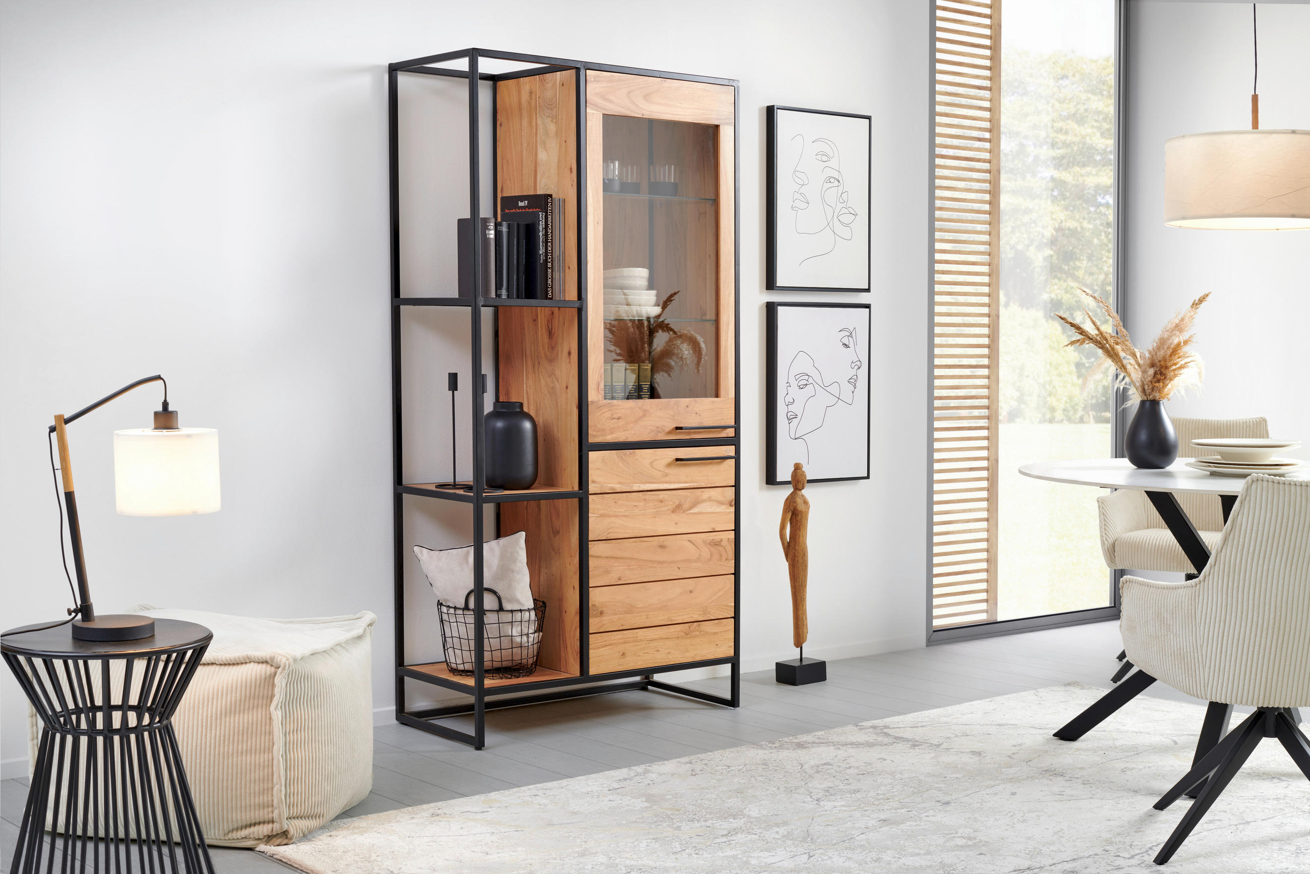 VITRINE in massiv Akazie Honig, Schwarz  - Schwarz/Honig, Design, Glas/Holz (93/184/42cm) - MID.YOU