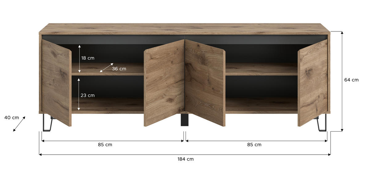 LOWBOARD BALTON  in 184/64/40 cm  - Eiche dunkel, Design, Holzwerkstoff/Metall (184/64/40cm) - MID.YOU