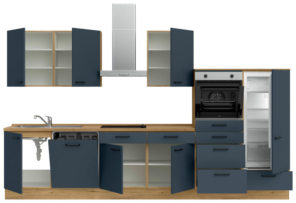 KÜCHENBLOCK Easytouch 360 cm  in Blau, Eichefarben  - Blau/Eichefarben, MODERN, Holzwerkstoff/Metall (360cm) - Nobilia